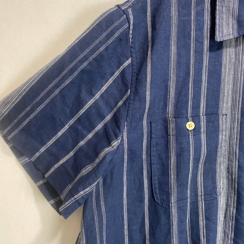 Lucky Brand Linen Blend Stripe Short Sleeve Button Up Mens XL Navy White Shirt - Picture 4 of 9